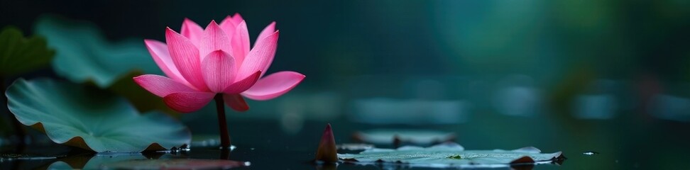 Fototapeta premium Pink lotus flower with its leaves and stem emerging from the muddy bottom of a dark blue pond, dark blue pond, water lily, pink lotus