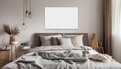 3D Scandinavian Style Wall Poster Stylish Wall Art with a Cozy Vibe, Boasting Clean Lines, Natural Wood Textures, and Subtle Pastels in a Minimalist Bedroom Setting.