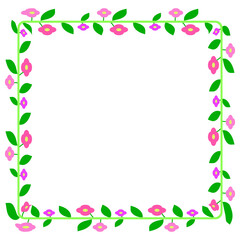 Floral border square frame with pink flowers and green leaves clipart on transparent background