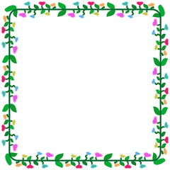 Colorful heart-shaped floral and green leaves border square frame clipart on transparent background