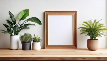Artistic Mockup Showcasing a Wooden Frame on a Rustic Table Amidst Greenery, Perfect for Displaying Your Masterpiece in a Natureinspired Setting