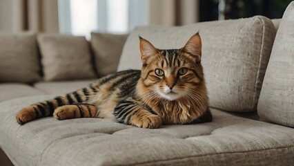 Cat lying on a sofa, relaxed and peaceful, with green eyes and soft fur, showcasing its cute and small tabby features