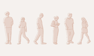 flat minimal people male and female vector illustration in spring summer clothing concept isolated set collection. Outline with silhouette shadow. For architecture, design, info graphic, media