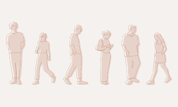 flat minimal people male and female vector illustration in spring summer clothing concept isolated set collection. Outline with silhouette shadow. For architecture, design, info graphic, media