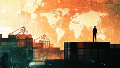 Global Businessman, Container Port, World Map Overlay, Strategic Vision