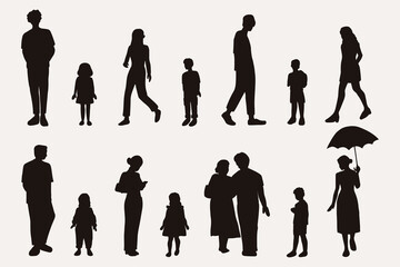 flat people silhouette male and female vector illustration in spring summer clothing concept isolated shadow set collection. For architecture rendering, design, info graphic, media