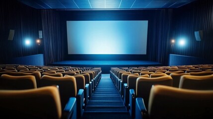 Fototapeta premium Empty Movie Theater Auditorium With Blank Screen And Tan Seats