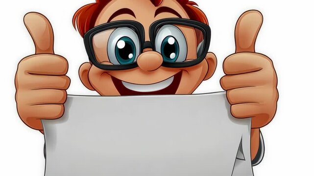 Excited cartoon character showing thumbs up while holding a blank sheet of paper in a cheerful setting