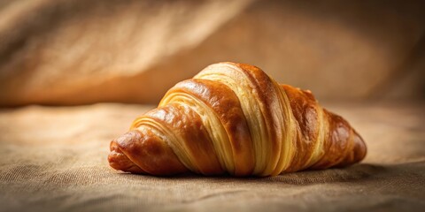 A single, golden-brown croissant rests on a textured, burlap surface, its flaky layers and rich color inviting a delightful taste.  The soft lighting enhances the pastry's details.