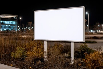 Fototapeta premium Blank Billboard Illuminates the Night, Offering Prime Advertising Space Near a Modern Office Building