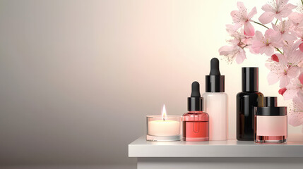 A serene display of beauty products and a candle, accented by delicate pink flowers on a simple shelf against a soft gradient backdrop.