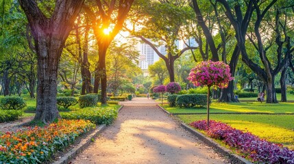 Obraz premium Sunrise stroll through a lush park urban area nature photography serene environment wide angle tranquility