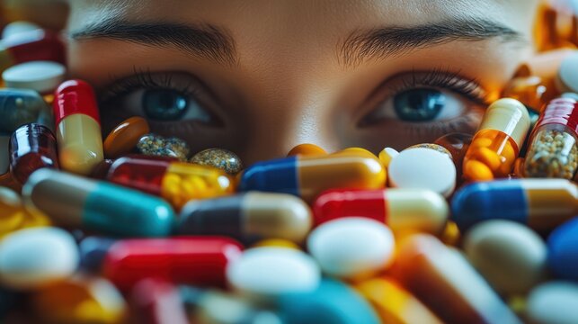 Woman's eyes peering from medicine pile, indoors, healthcare concept