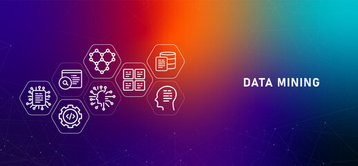 Fototapeta premium Data mining database harvesting and extraction gradient header information interpretation predictive insights illustration concept
