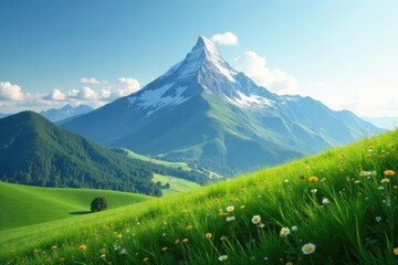 Fototapeta premium Serene mountain peak rises above gentle hills, grassy, peaceful