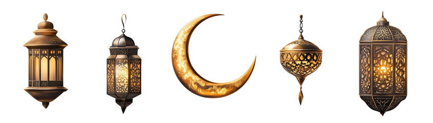 Ramadan, a crescent moon with oriental-style lanterns, on a light background, created with Generative AI technology