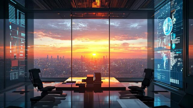 Futuristic office with digital screens and a stunning sunset view over the city skyline, Futuristic office with large digital screens and sunset view through windows Technology concept