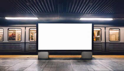 Empty Business Billboard in Metro Station Empty Canvas Awaits at a Railway Crossroads, Showcasing an Urban Minimalism with Industrial Hues and Geometric Shapes.