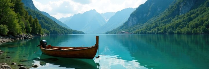 Small wooden boat anchored in a secluded cove of a mountain lake, natural, anchored