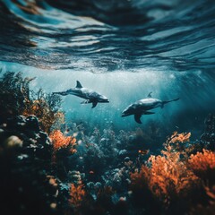 Obraz premium Swimming dolphins interacting in vibrant coral reef underwater scene marine environment peaceful viewpoint