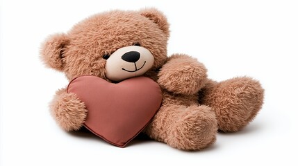Fluffy Teddy Bear Holding Heart Shaped Plush Toy On White Background