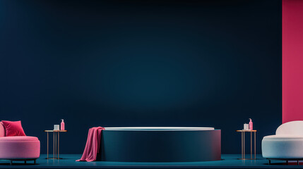 A modern, stylish interior featuring a round table, two sofas in contrasting colors, and decorative items, all against a dark background.