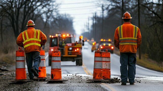 Road Construction Workers Directing Traffic Safely