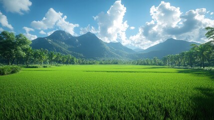 Fototapeta premium Lush rice paddy valley under sunny sky