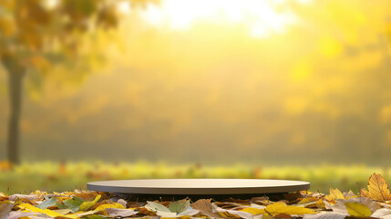 A serene autumn scene featuring a circular platform amidst colorful leaves, bathed in soft sunlight.