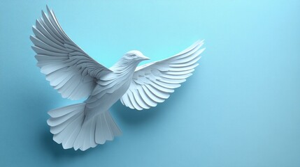 Obraz premium White Dove in Flight Against Light Blue Background. Possible Use Stock Photo