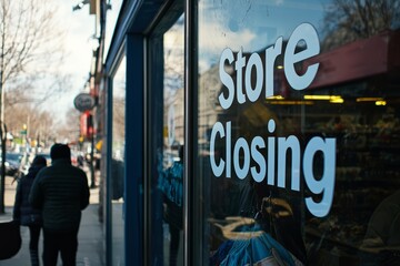 Fototapeta premium A retail store’s windows are covered with “Store Closing” signs as customers flock to buy discounted items