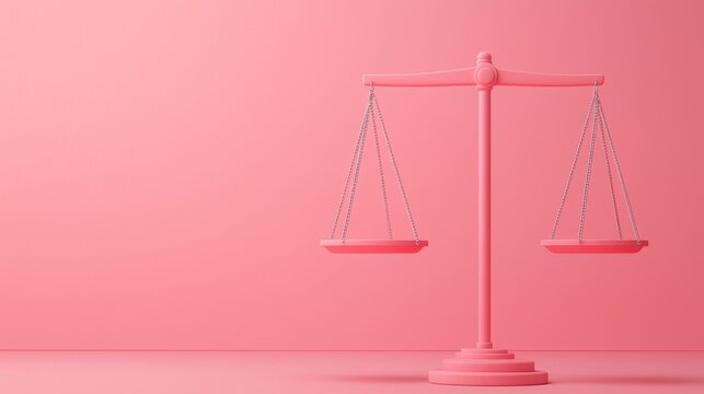 A minimalist pink scale symbolizes balance and justice against a soft pink backdrop.