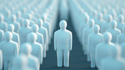 A crowd of stylized human figures, with one figure prominently standing out in the center, symbolizing individuality amidst uniformity.