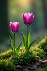 Obraz premium Softly glowing purple tulips rise from the ground amidst a bed of soft, velvety moss, serene, softly glowing, nature