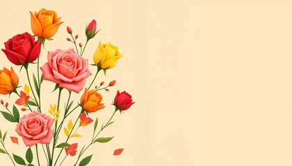 Colorful bouquet of roses on pale yellow background