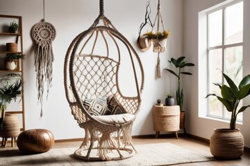 3D render of a modern living room with hanging chair, stylish furniture, large windows, wooden flooring, and elegant decorations