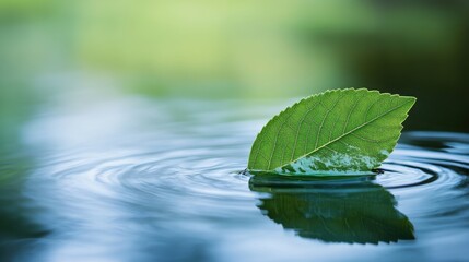 Green Leaf Floating on Calm Water Surface