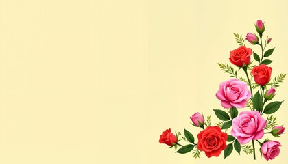 Roses bouquet corner on yellow background