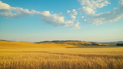 Golden Wheatfield, Rural Landscape, Sunny Day, Village in Distance