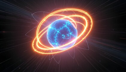 Obraz premium Glowing Sphere with Orbiting Rings in a Starry Space Scene