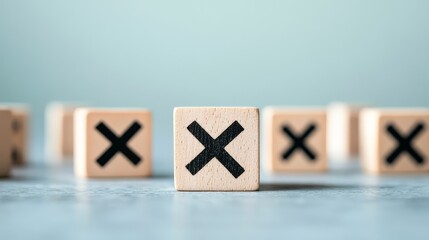 A table filled with wooden blocks displaying crossed marks.