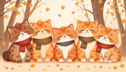 Obraz premium A cozy, warm illustration of five fluffy autumn-themed cats. Each has fur patterned like fall leaves in shades of orange, red, and brown. They wear tiny scarves and look sleepy and content