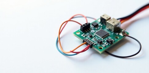 Solder wire wrapped around electrical component on white background, circuit components, wires