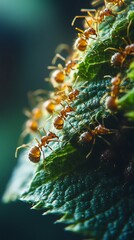 Naklejka premium Ants on leaf, close-up, nature, blurred background