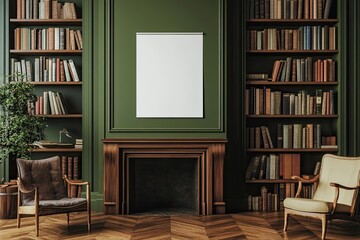Green Study Room with Fireplace and Bookshelves