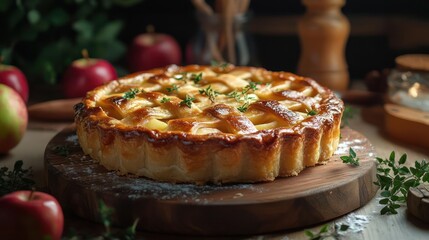 A delicious apple pie on a wooden table