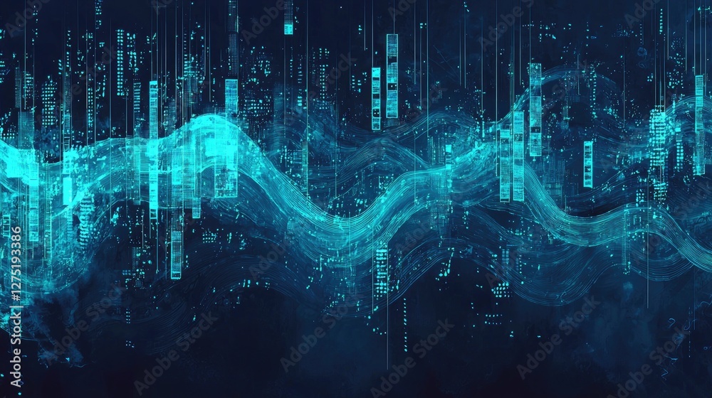 Poster abstract digital waves with glowing lines and data patterns in blue