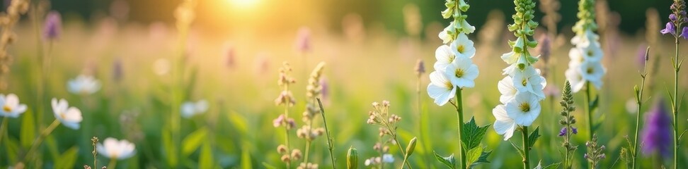 Fototapeta premium White foxglove flowers in a field of tall grasses and wildflowers, purple, bloom