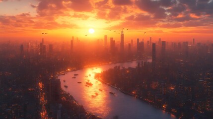Futuristic City Sunset River Aerial