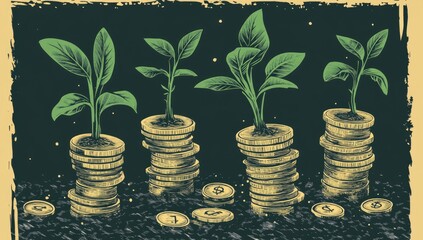 Growing Business, Plants on Coins, Night Sky Background